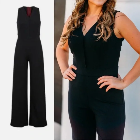 SPANX The Perfect Sleeveless Jumpsuit Ponte Knit Classic Black Flare Wide Leg